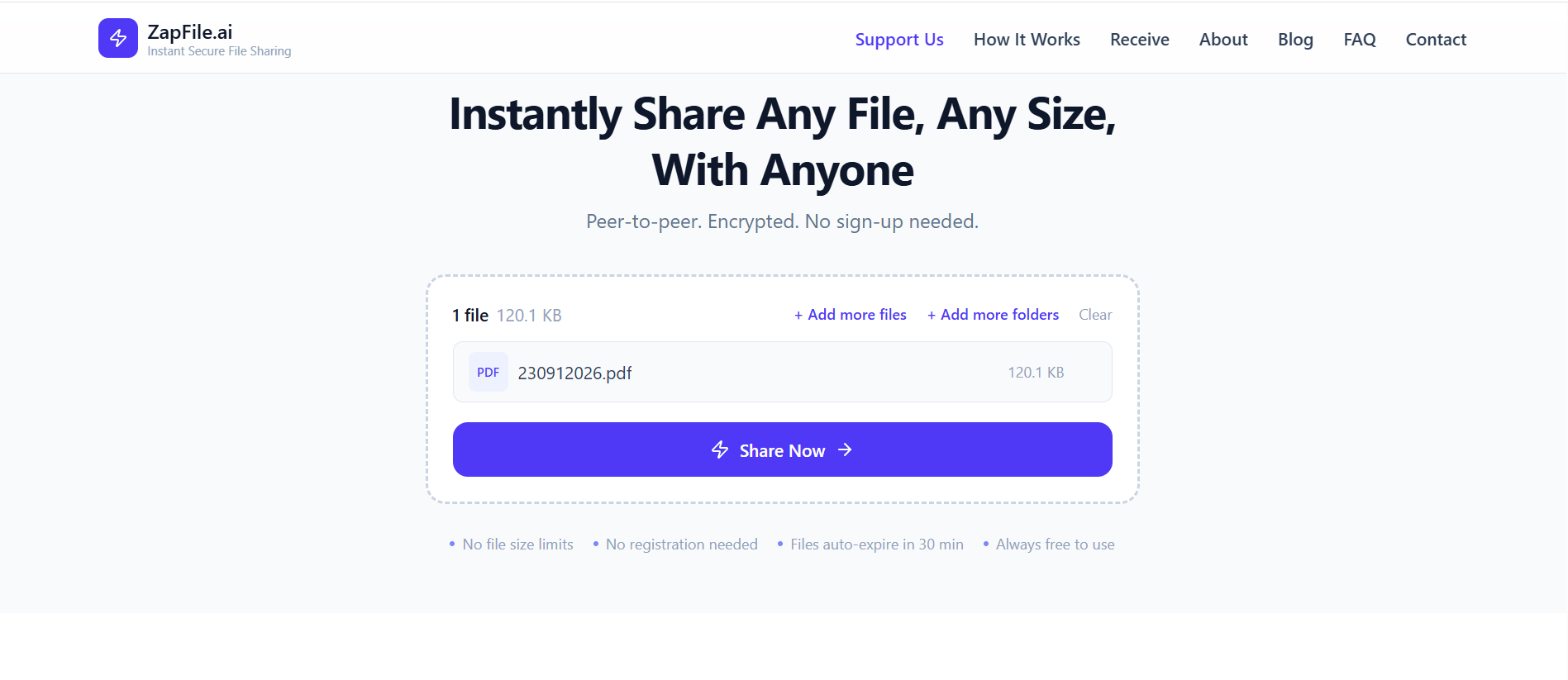 ZapFile upload progress screen showing file uploaded successfully