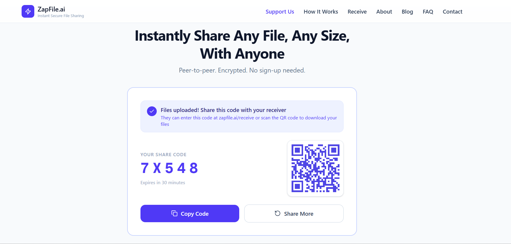 ZapFile 5-digit transfer code screen with QR code for sharing