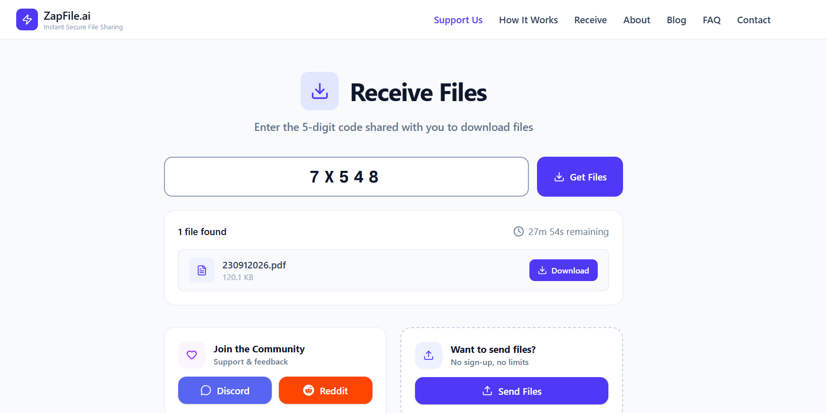 ZapFile receive screen — recipient enters 5-digit code and downloads with no login